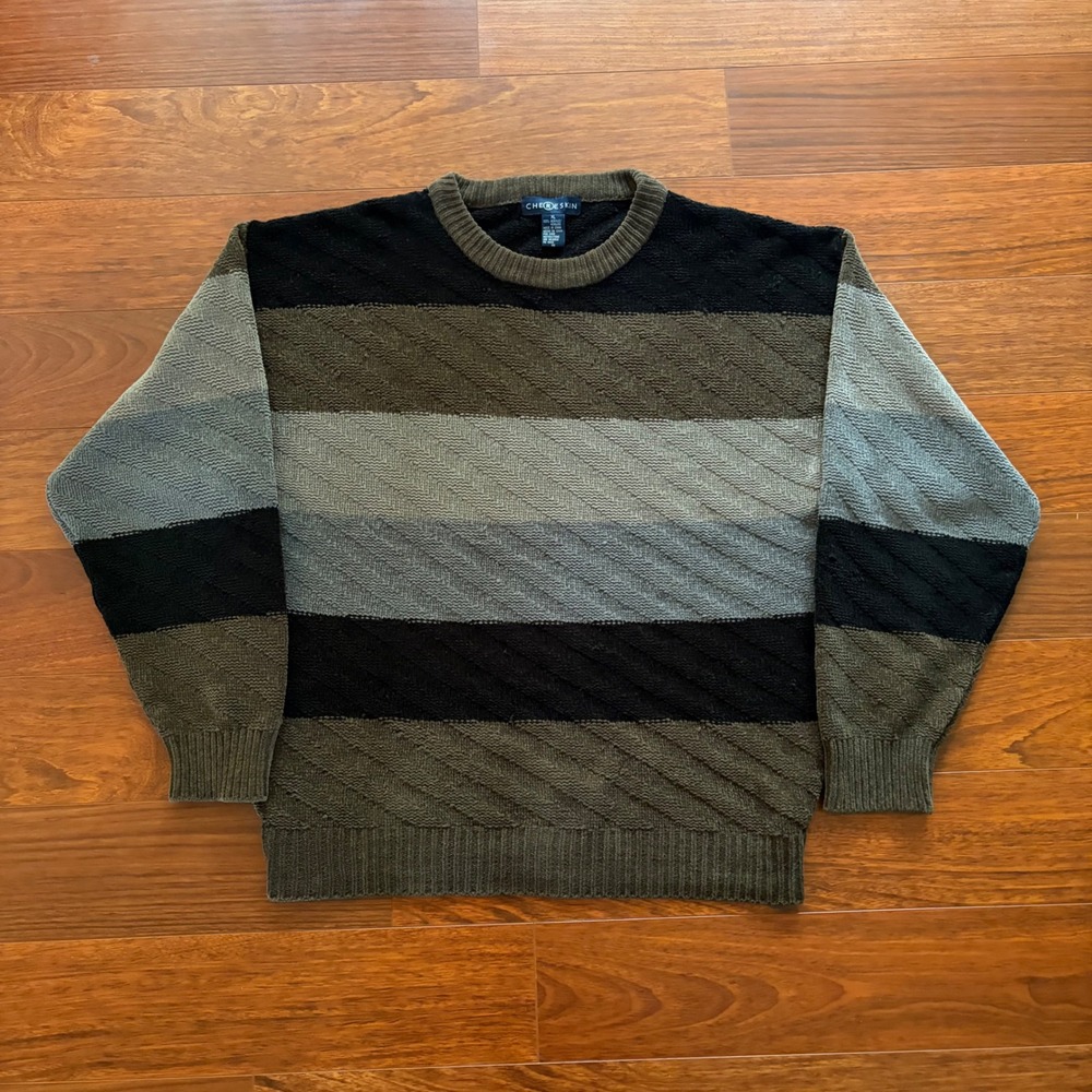 Chereskin Mens Sweater XL Multi Color Stripe Textured Knit Crewneck Pullover